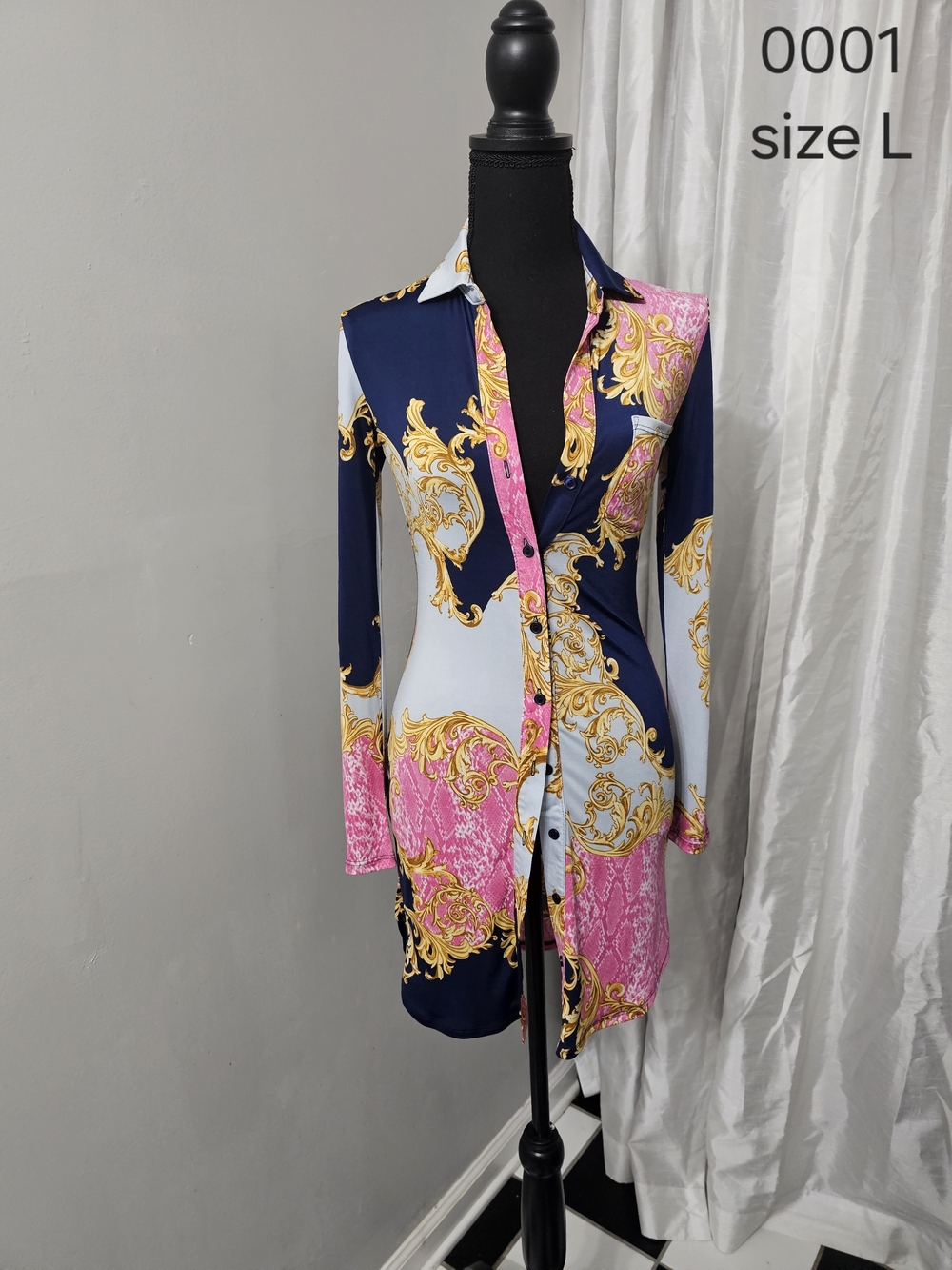 Baroque Print Button-Front Tunic Shirt - Navy, Pink, Gold